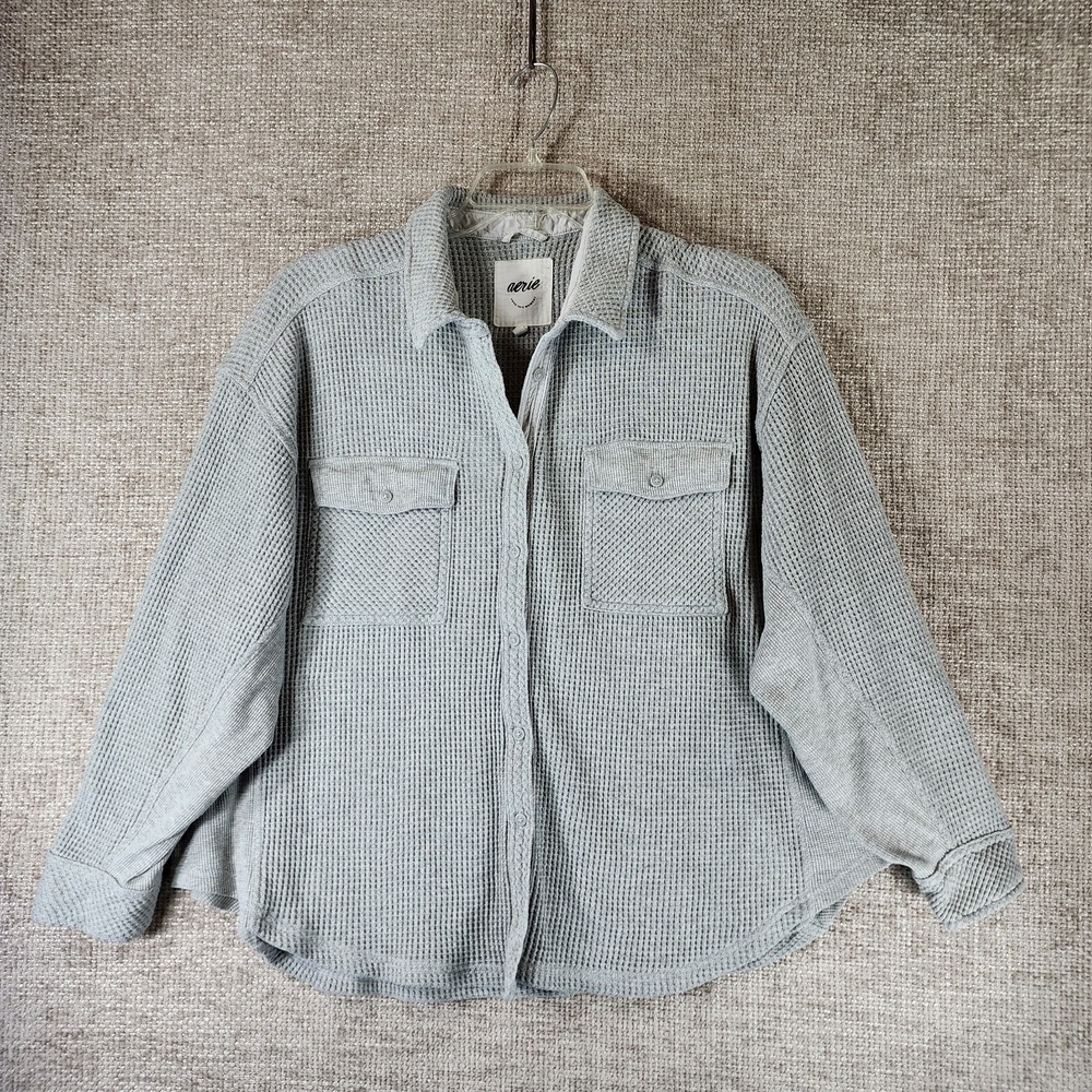 Aerie Lumberjane Waffle Knit Button‎ Shirt Womens L Gray Oversized Long Sleeve